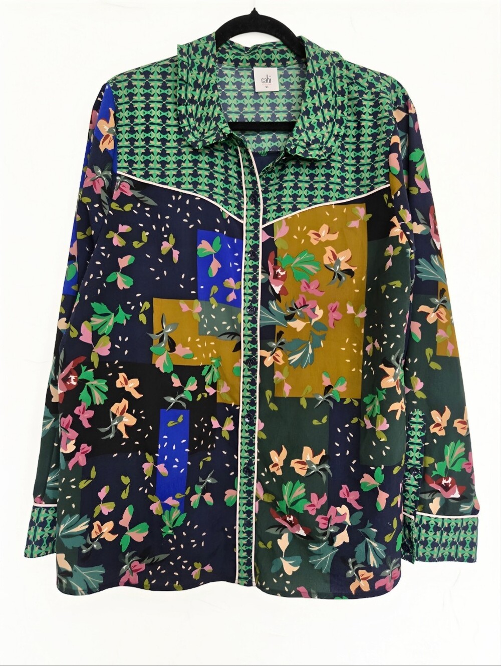 Cabi Colorful Floral Patchwork Button Up Bronco Green Blue Top, XL